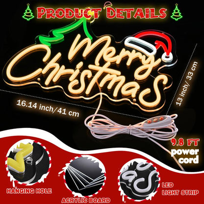 Merry Christmas Neon Sign-10 Adjustable Brightness LED Christmas Decorations Light up Wall Decor with 9.8 FT USB Power Cord Wall Neon Light for Windows, Living Room, Bedroom, Party, Gifts, New Year Christmas Wall Art Unique Christmas Gift