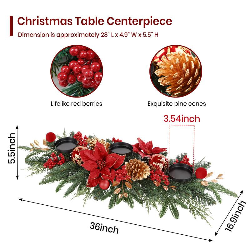 Shareconn 28"/36" Christmas Centerpiece with 3 Candle Holders Trays Dining Table Decoration with Baubles Pine Cones Red Berries Spruce Branches Flower for Indoor Home Party Table Holiday Decor