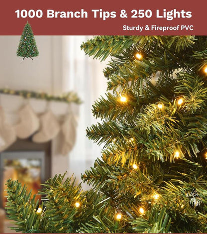 YITAHOME 6/7.5 FT Green Prelit Artificial Christmas Tree(With Lights), with 3 Lighting Colors, 11 Lighting Modes, with PVC Branch Tips