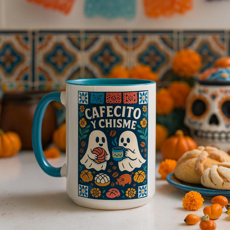 Cafecito Y Chisme Coffee Cup 15Oz Halloween Ghost Concha Pan Dulce Ceramic Mug Dia De Los Muertos Gift for Latina Mom Abuelita Dishwasher Microwave Safe Unique Design