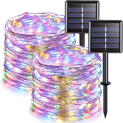 JMEXSUSS 2 Pack Solar Christmas Lights Outdoor Waterproof, Each 33FT 100 LED Solar Fairy Lights 8 Modes for Yard Patio Tree Christmas Decorations