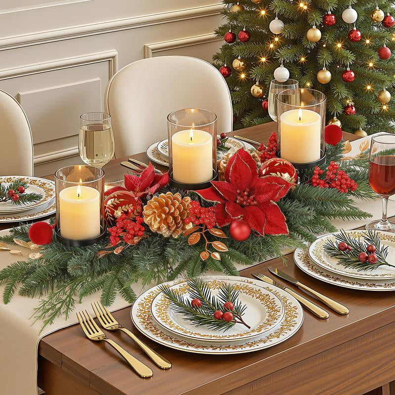 Shareconn 28"/36" Christmas Centerpiece with 3 Candle Holders Trays Dining Table Decoration with Baubles Pine Cones Red Berries Spruce Branches Flower for Indoor Home Party Table Holiday Decor