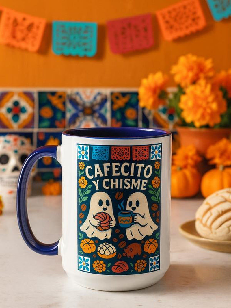Cafecito Y Chisme Coffee Cup 15Oz Halloween Ghost Concha Pan Dulce Ceramic Mug Dia De Los Muertos Gift for Latina Mom Abuelita Dishwasher Microwave Safe Unique Design