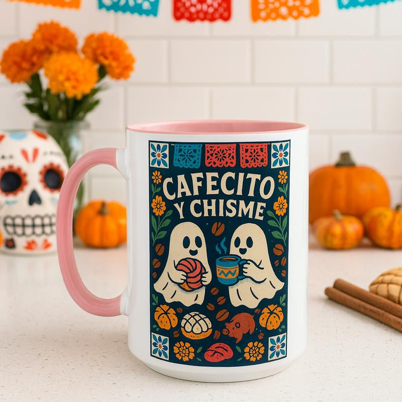 Cafecito Y Chisme Coffee Cup 15Oz Halloween Ghost Concha Pan Dulce Ceramic Mug Dia De Los Muertos Gift for Latina Mom Abuelita Dishwasher Microwave Safe Unique Design