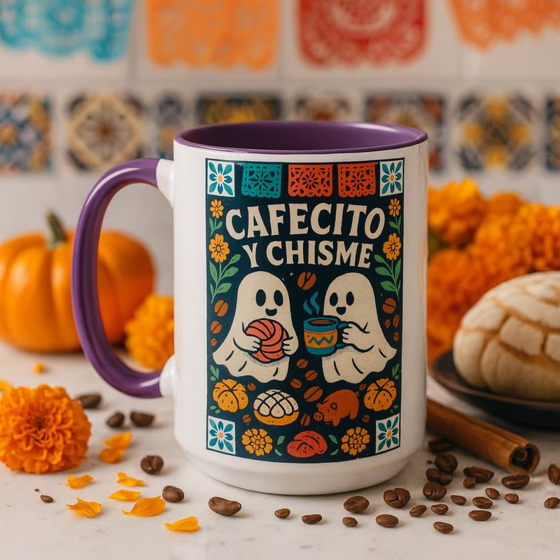 Cafecito Y Chisme Coffee Cup 15Oz Halloween Ghost Concha Pan Dulce Ceramic Mug Dia De Los Muertos Gift for Latina Mom Abuelita Dishwasher Microwave Safe Unique Design