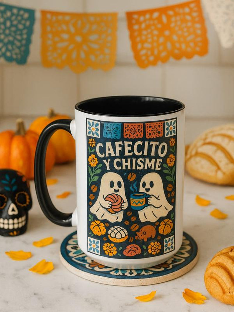 Cafecito Y Chisme Coffee Cup 15Oz Halloween Ghost Concha Pan Dulce Ceramic Mug Dia De Los Muertos Gift for Latina Mom Abuelita Dishwasher Microwave Safe Unique Design
