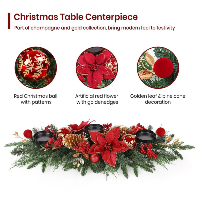 Shareconn 28"/36" Christmas Centerpiece with 3 Candle Holders Trays Dining Table Decoration with Baubles Pine Cones Red Berries Spruce Branches Flower for Indoor Home Party Table Holiday Decor