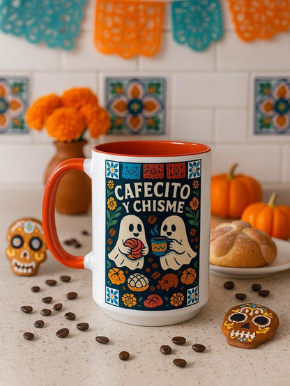 Cafecito Y Chisme Coffee Cup 15Oz Halloween Ghost Concha Pan Dulce Ceramic Mug Dia De Los Muertos Gift for Latina Mom Abuelita Dishwasher Microwave Safe Unique Design