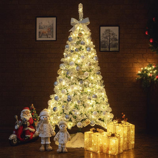 OTM 6.5FT Pre-Lit Artificial Christmas Tree with with 250 Multi-Color & Warm White LED Lights, 9 Lighting Modes, Snow Flocked Full Prelighted Xmas Tree with Foldable Stand Decor Decoration Ornaments, Includes Storage Bag, White