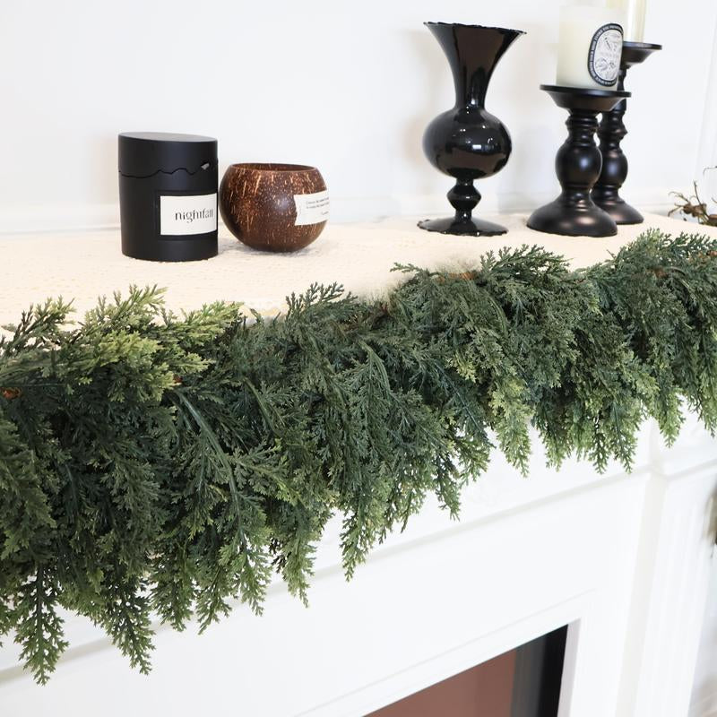 Senjie Christmas Low-Maintenance Cedar Garland with Vertical Flow Perfect for Any Mantel or Doorway Holiday Charm Real Touch Winter Green Pine（6Ft,9Ft)