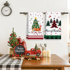 5Pcs Christmas Kitchen Towel Dish Towels and Dishcloths Merry Christmas Tree Reindeer Truck Santa Claus Cartoon Design 15 X 23 Inch Holiday Home Indoor Bathroom Party Noel Decorations Hand Towels Gift Supplies