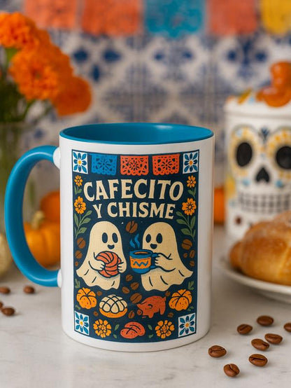 Cafecito Y Chisme Coffee Cup 15Oz Halloween Ghost Concha Pan Dulce Ceramic Mug Dia De Los Muertos Gift for Latina Mom Abuelita Dishwasher Microwave Safe Unique Design