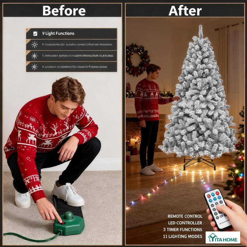 YITAHOME 6/7.5 FT Green Prelit Artificial Christmas Tree(With Lights), with 3 Lighting Colors, 11 Lighting Modes, with PVC Branch Tips