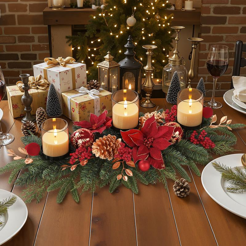 Shareconn 28"/36" Christmas Centerpiece with 3 Candle Holders Trays Dining Table Decoration with Baubles Pine Cones Red Berries Spruce Branches Flower for Indoor Home Party Table Holiday Decor