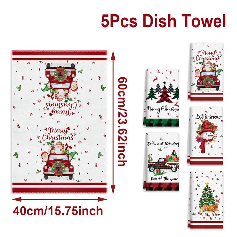 5Pcs Christmas Kitchen Towel Dish Towels and Dishcloths Merry Christmas Tree Reindeer Truck Santa Claus Cartoon Design 15 X 23 Inch Holiday Home Indoor Bathroom Party Noel Decorations Hand Towels Gift Supplies
