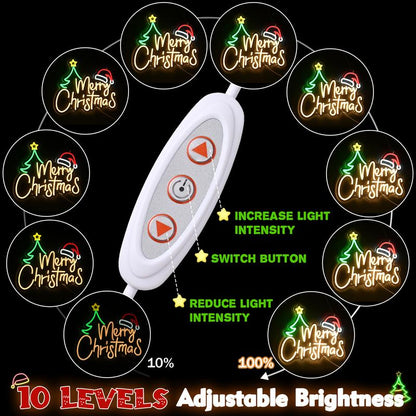 Merry Christmas Neon Sign-10 Adjustable Brightness LED Christmas Decorations Light up Wall Decor with 9.8 FT USB Power Cord Wall Neon Light for Windows, Living Room, Bedroom, Party, Gifts, New Year Christmas Wall Art Unique Christmas Gift