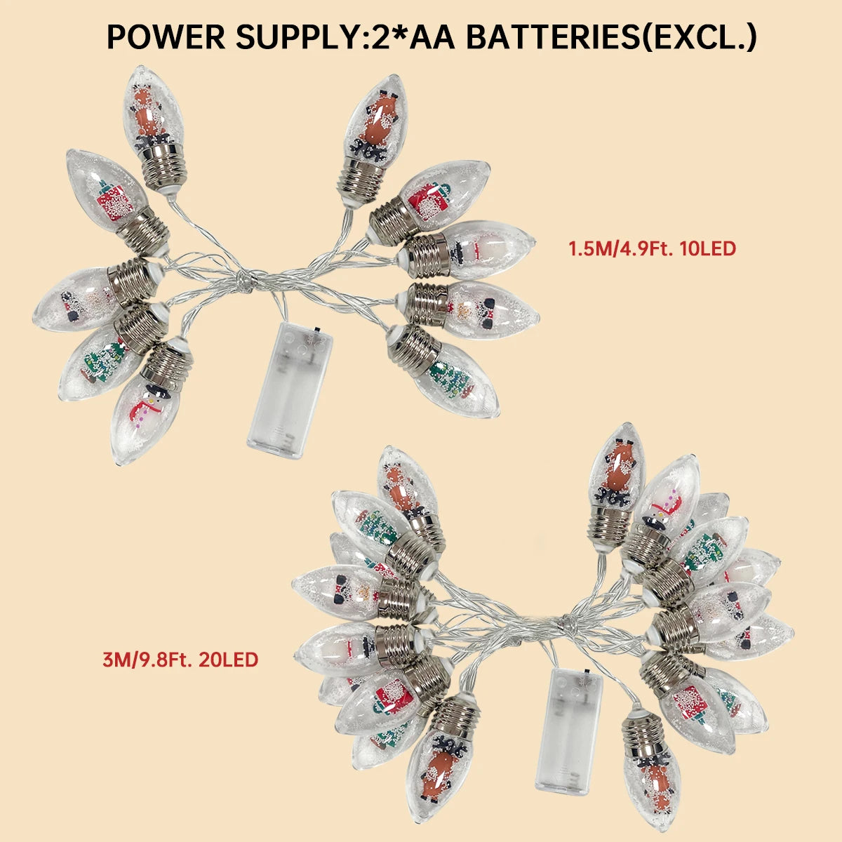 1Pc10/20 LED Christmas Snowball Clear Bulb String Lights with Christmas Santa Claus Snowman Tree Gifts Mix Battery Powered Light