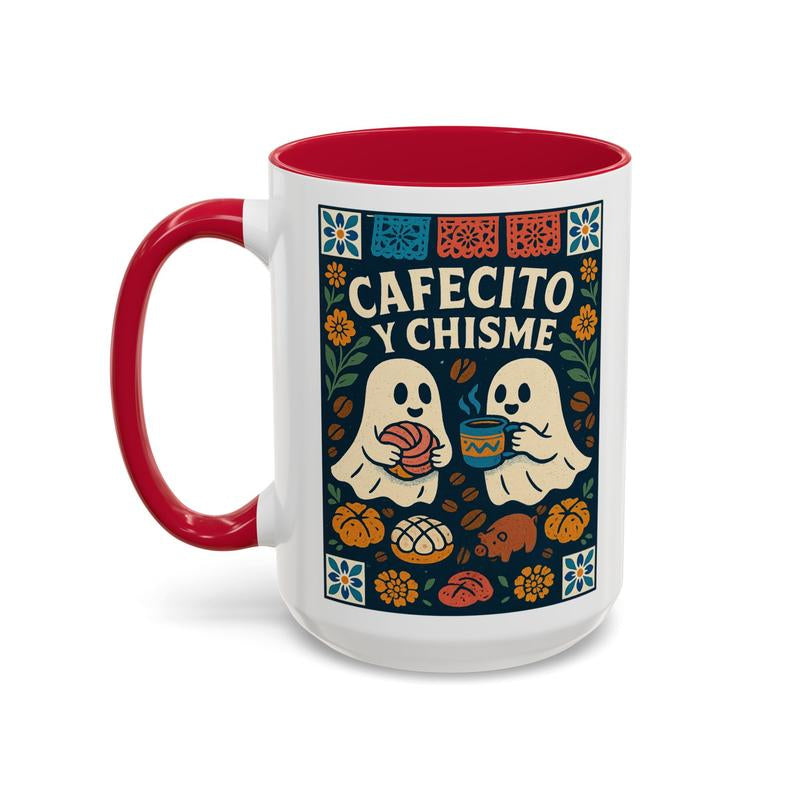 Cafecito Y Chisme Coffee Cup 15Oz Halloween Ghost Concha Pan Dulce Ceramic Mug Dia De Los Muertos Gift for Latina Mom Abuelita Dishwasher Microwave Safe Unique Design