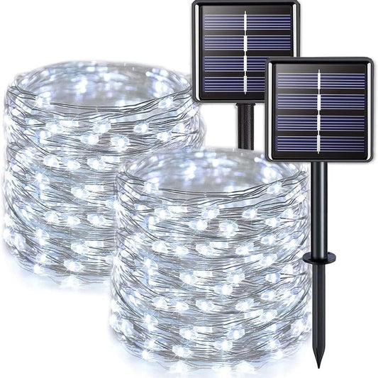 JMEXSUSS 2 Pack Solar Christmas Lights Outdoor Waterproof, Each 33FT 100 LED Solar Fairy Lights 8 Modes for Yard Patio Tree Christmas Decorations